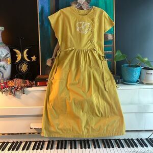 Vintage Boho Prairie Yellow Mustard Midi Dress with Fruit Healthy Life Logo M